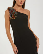 Black Crepe One Shoulder Mermaid Gown With Beading